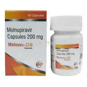 Molnuvir, Molnupiravir 200mg, 40 Capsules, Asher Pharmaceuticals, Box, Bottle front view