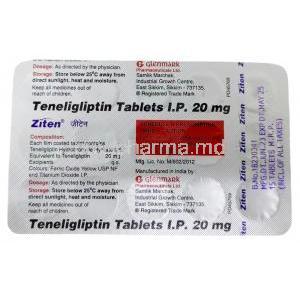 Ziten, Teneligliptin 20 mg, Glenmark Pharmaceuticals, Blisterpack information