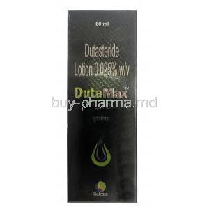 Dutamax Lotion, Dutasteride 0.025%, Lotion 60mL,Galcare Pharmaceutical Pvt Ltd, Box front view