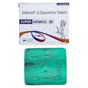 Super Hiforce, Sildenafil 50 mg/ Dapoxetine 30 mg, Healing Pharma India Pvt Ltd, Box, Blisterpack information