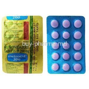 Metrogyl, Metronidazole 200 mg, 15 tablets,J B Chemicals and Pharmaceuticals, Blisterpack front and back view
