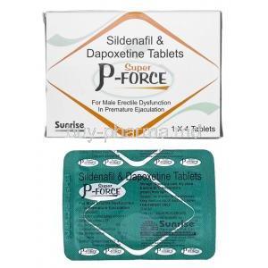 Super P Force, Sildenafil 100 mg/  Dapoxetine 60 mg, Sunrise Remedies, Box front view, Blisterpack information