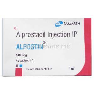 Alpostin Injection, Alprostadil 500mcg, Vial 1mL, Samarth Life Sciences Pvt Ltd, Box front view