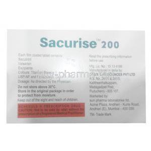Sacurise 200, Sacubitril 97 mg/ Valsartan 103 mg, 7tablets,Sun Pharma, Box information, Storage