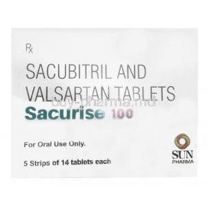 Sacurise 100,Sacubitril 49 mg/ Valsartan 51 mg, 14tablets,Sun Pharma, Box front view