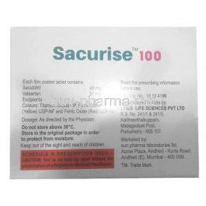 Sacurise 100,Sacubitril 49 mg/ Valsartan 51 mg, 14tablets,Sun Pharma, Box information,Storage