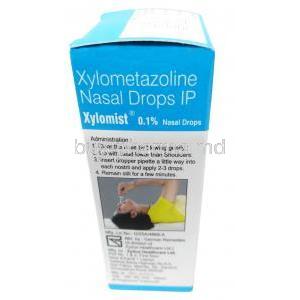 Xylomist Nasal Drops, Xylometazoline 0.1%, Nasal Drops 10mL,Zydus Cadila, Box information, Direction for use