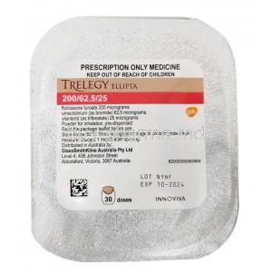 Trelegy Ellipta inhaler, Fluticasone 200 mcg / Umeclidinium 62.5 mcg / Vilanterol 25 mcg, GSK, Inhaler