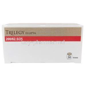 Trelegy Ellipta inhaler, Fluticasone 200 mcg / Umeclidinium 62.5 mcg / Vilanterol 25 mcg, GSK, Box front view