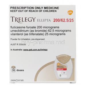 Trelegy Ellipta inhaler, Fluticasone 200 mcg / Umeclidinium 62.5 mcg / Vilanterol 25 mcg, GSK, Box information, Ingredients