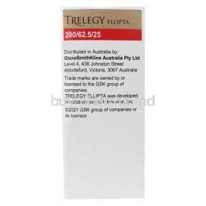 Trelegy Ellipta inhaler, Fluticasone 200 mcg / Umeclidinium 62.5 mcg / Vilanterol 25 mcg, GSK, Box information, Manufacturer