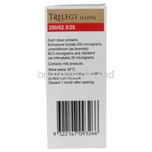 Trelegy Ellipta inhaler, Fluticasone 200 mcg / Umeclidinium 62.5 mcg / Vilanterol 25 mcg, GSK, Box information, Storage