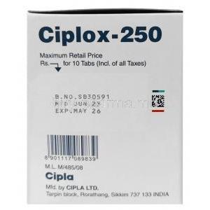 Ciplox, Ciprofloxacin 250 mg, Cipla,  Box information, Mfg date, Exp date