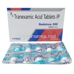 Redotrex, Tranexamic Acid 500 mg, Leeford Healthcare Ltd, Box, Blisterpack