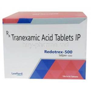 Redotrex, Tranexamic Acid 500 mg, Leeford Healthcare Ltd, Box front view