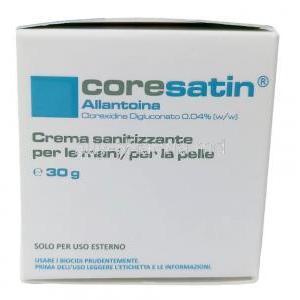 Coresatin Hand and Skin Sanitizing Cream, Allantoin 0.04%ww,Cream 30g, Corena Pharmaceuticals, Box side view