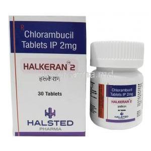 Halkeran 2,Chlorambucil 2mg, 30tablets, Halsted Pharma, Box front view, Bottle