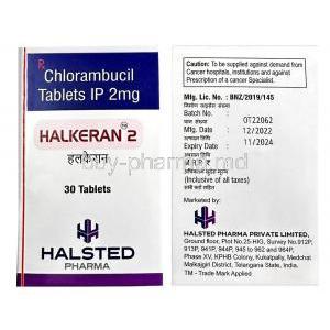Halkeran 2,Chlorambucil 2mg, 30tablets, Halsted Pharma, Box front view, Back view