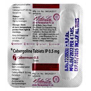 Cabermax 0.5, Cabergoline 0.5mg, 4tablets, John Lee, Blisterpack information