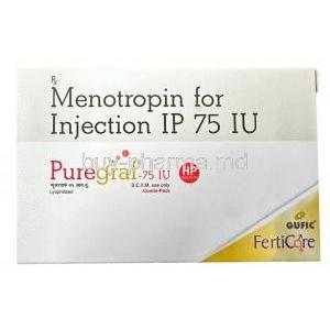 Puregraf Injection, Menotrophin 75IU,Gufic Bioscience Ltd, Box front view