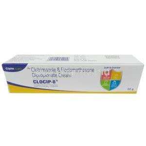 Clocip-B Cream, Beclometasone 0.025% w/v / Clotrimazole 1% w/v, Cream 10g, Cipla,  Box front view