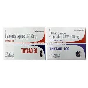 Thycad, Thalidomide 50mg, 100 mg, Cadila Pharmaceuticals, Box front view