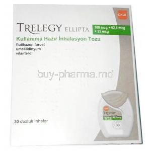 Trelegy Ellipta inhaler, Fluticasone Furoate 100 mcg / Umeclidinium 62.5 mcg / Vilanterol 25 mcg, 30 Dose Inhaler, GSK, Box front view