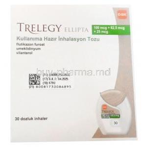 Trelegy Ellipta inhaler, Fluticasone Furoate 100 mcg / Umeclidinium 62.5 mcg / Vilanterol 25 mcg, 30 Dose Inhaler, GSK, Box information