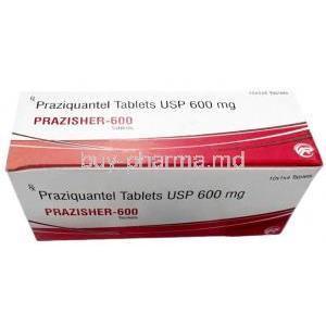 Prazisher, Praziquantel 600mg, Asher Pharmaceuticals, 4tablets X 10q'ty Box front view