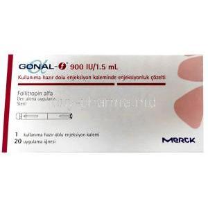 Gonal-F Pen Injection, Follitropin 900 IU pre-filled Pen injection 1.5 mL, Merck, Box front view