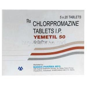 Yemetil 50, Chlorpromazine 50 mg, Manas Pharma, Box front view