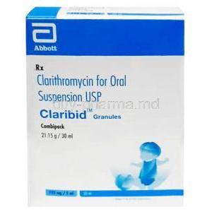 Claribid Oral Suspension, Clarithromycin 25mg per mL, Granules for Oral Suspension 30mL, Abbott, Box front view