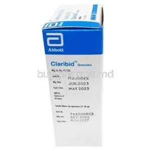 Claribid Oral Suspension, Clarithromycin 25mg per mL, Granules for Oral Suspension 30mL, Abbott, Box information, Mfg date, Exp date