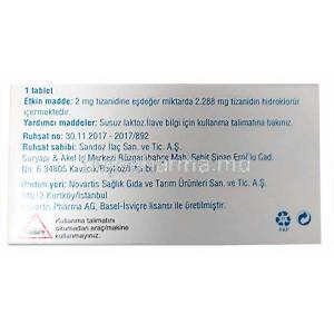Sirdalud, Tizanidine 2 mg, Sandoz, Box information, Dosage, Manufacturer