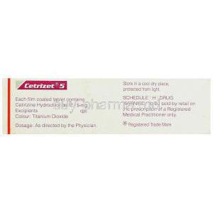 Cetrizet 5, Generic  Zyrtec, Cetirizine 5mg Box Information