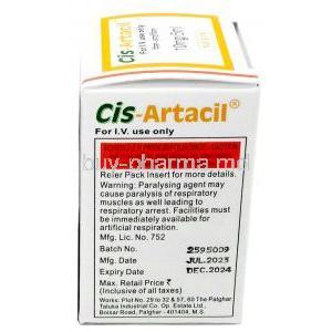Cis-Artacil Injection, Cisatracurium 10mg,Injection Vial 5mL, Neon Laboratories Ltd, Box information