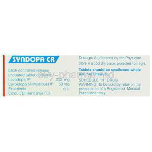 Syndopa CR, Generic  Sinemet,   Carbidopa 50 Mg /Levodopa 200 Mg Box Composition