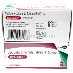 Cycloxan, Cyclophosphamide 50mg, Zydus Cadila, Box front view, information