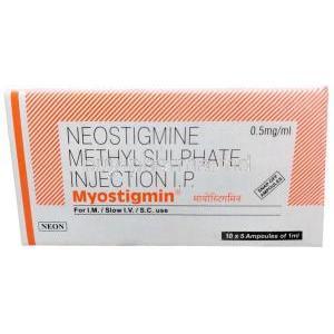 Myostigmin Injection, Neostigmine 0.5 mg/mL, Injection ampoule 1mL 6pcs, Neon Laboratories, Box front view