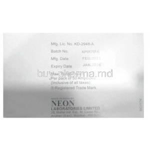 Myostigmin Injection, Neostigmine 0.5 mg/ mL, Injection ampoule 1mL 6pcs, Neon Laboratories, Box information