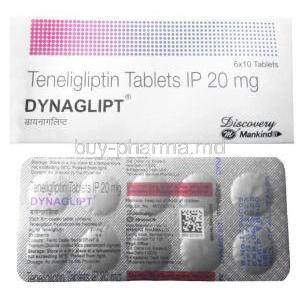 Dynaglipt, Teneligliptin 20mg, Mankind Pharma, Box front view, Blisterpack information