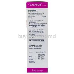 Calpsor Lotion, Calcipotriol 0.005%, Lotion 15mL, Biocon, Box information, Mfg date, Exp date