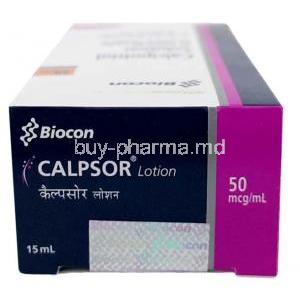 Calpsor Lotion, Calcipotriol 0.005%, Lotion 15mL, Biocon, Box top view