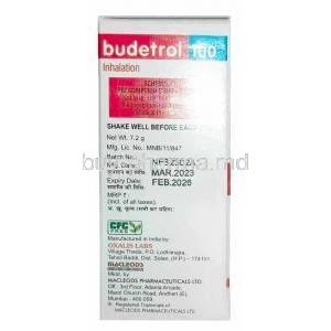 Budetrol 100 Inhaler, Formoterol 6mcg/ Budesonide 100mcg, 120MD Inhaler, Macleods Pharmaceuticals Ltd, Box information, Mfg date, Exp date