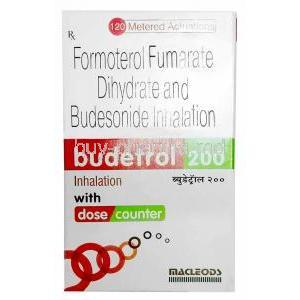 Budetrol 200 Inhaler, Formoterol 6mcg/ Budesonide 200mcg, 120MD Inhaler, Macleods Pharmaceuticals Ltd, Box front view
