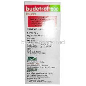 Budetrol 200 Inhaler, Formoterol 6mcg/ Budesonide 200mcg, 120MD Inhaler, Macleods Pharmaceuticals Ltd, Box information, Mfg date, Exp date