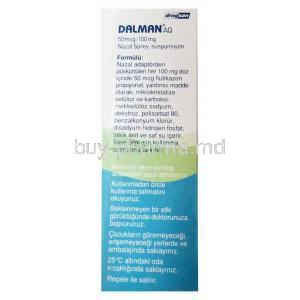 Dalman AQ Nasal Spray, Fluticasone propionate 0.05% ww, Nasal Spray 120MD, Drogsan Turkey, Box information