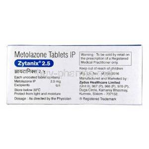 Zytanix 2.5, Metolazone 2.5mg, Zydus Cadila, Box information, Manufacturer