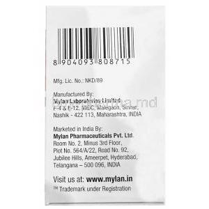 Teevir,Emtricitabine 200mg, Tenofovir disoproxil fumarate 300mg, Efavirenz 600mg, Mylan Pharma, Box information, Manufacturer