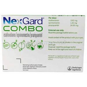 Combo,Esafoxolaner 12 mg/ Eprinomectin 4 mg/ Praziquantel 83 mg (For cats less than 2.5kgs), 0.3mL X 3 Applicators, Boehringer Ingelheim, Box back view